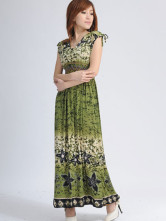 Robe Pour Femme Sans Manche Cou V Profond Polyester Coton Verte Olive Bohémienne 