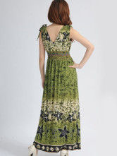 Robe Pour Femme Sans Manche Cou V Profond Polyester Coton Verte Olive Bohémienne 