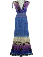 Robe Pour Femme Sans Manche Cou V Profond Polyester Coton Bleue Royale Bohémienne 