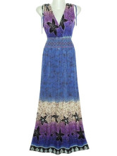 Robe Pour Femme Sans Manche Cou V Profond Polyester Coton Bleue Royale Bohémienne 