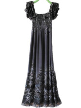 Robe Pour Femme Manches Courtes Cou Creux Polyester Coton Gris Fumée Bohémienne 