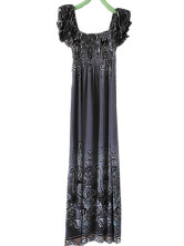 Robe Pour Femme Manches Courtes Cou Creux Polyester Coton Gris Fumée Bohémienne 