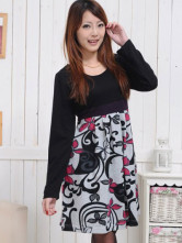 Elegant Black 100% Cotton Pattern Long Sleeves Maternity Dress