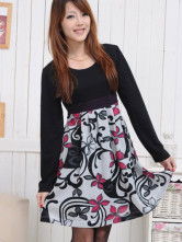 Elegant Black 100% Cotton Pattern Long Sleeves Maternity Dress