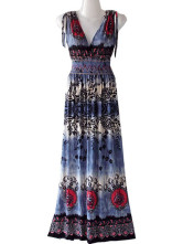 Robe Pour Femme Sans Manche Cou V Profond Polyester Coton Turquoise Foncé Bohémienne Splendide 