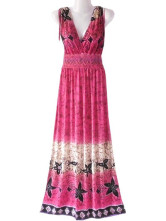 Gorgeous Bohemian Fuchsia Cotton Polyester Deep V-neck Sleeveless Womens Maxi Dress