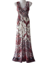 Modern Red Mercerized Cotton Polyester Spandex Sleeveless Floral Maxi Dress For Ladies