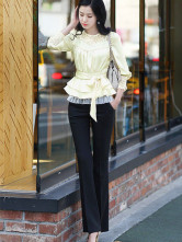 Palegoldenrod soie manches longues col rond Sash shirt Mode Femmes