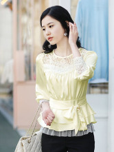 Palegoldenrod soie manches longues col rond Sash shirt Mode Femmes