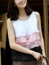 Cou sans manches en mousseline de soie rose ronde stratifiés Top Mode Femme