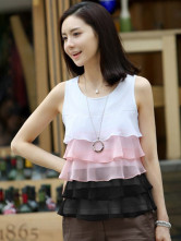 Cou sans manches en mousseline de soie rose ronde stratifiés Top Mode Femme