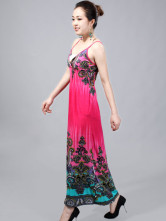 Robe Pour Femme Cou V Polyester Coton Mercerisé Saveur Ethnique Spaghetti Rouge 
