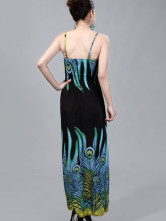 Robe Pour Femme Cou V Polyester Coton Mercerisé Bleue Spaghetti Sexy