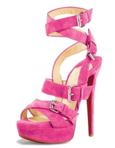 Sandales en fuchsia à talons hauts avec plate-forme en peau de mouton de style de Jing
