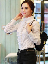 Blouse Chemise Féminine Jabots Manches Longues Col Dressé Coton Blanc 