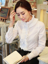Blouse Chemise Féminine Jabots Manches Longues Col Dressé Coton Blanc 