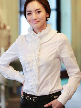 Blouse Chemise Féminine Jabots Manches Longues Col Dressé Coton Blanc 