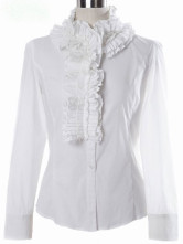 Blouse Chemise Féminine Jabots Manches Longues Col Dressé Coton Blanc 