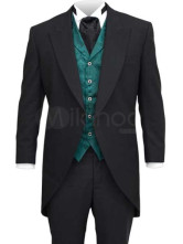 un manteau plein longueur steampunk noir a revers et au coupure de coin en tissu de jazz