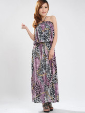 Elegant Purple Halter Floral Cotton Polyester Womens Maxi Dress
