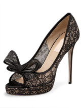 Black 4 3/4'' High Heel Lace Bow Peep Toe Fashion Shoes
