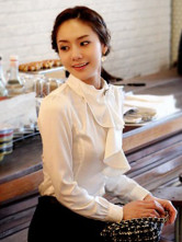 Blouse Chemise Féminine Soie Jabots Col Dressé Blanche Elégante 