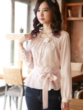 Pink Col Rond manches longues chemises en fibres Spandex 35% 40% Polyester 25% Femmes