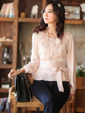Pink Col Rond manches longues chemises en fibres Spandex 35% 40% Polyester 25% Femmes