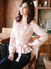 Pink Col Rond manches longues chemises en fibres Spandex 35% 40% Polyester 25% Femmes