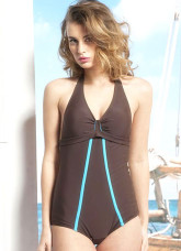 Attractive Coffee Polyester Nylon Halter One-Piece Ladies Swimsuit