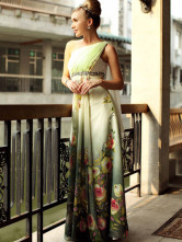 Wunderschönes Maxi-Kleid aus Chiffon und Satin mit hoher Taillenlinie und Blumenmustern