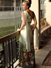 Robe de soirée de livraison rapide confortable d'épaule single en mousseline de satin plié avec impression de fleur  