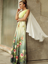 Robe de soirée de livraison rapide confortable d'épaule single en mousseline de satin plié avec impression de fleur  