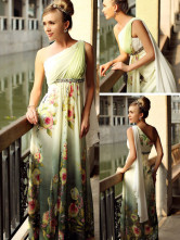 Robe de soirée de livraison rapide confortable d'épaule single en mousseline de satin plié avec impression de fleur  