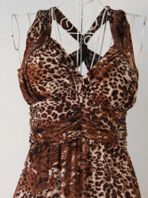 Velours élégant café de la Croix-Retour Leopard robe Maxi Imprimer Femmes