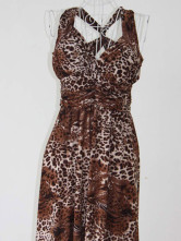 Velours élégant café de la Croix-Retour Leopard robe Maxi Imprimer Femmes