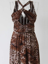 Velours élégant café de la Croix-Retour Leopard robe Maxi Imprimer Femmes