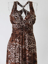 Velours élégant café de la Croix-Retour Leopard robe Maxi Imprimer Femmes