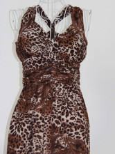 Velours élégant café de la Croix-Retour Leopard robe Maxi Imprimer Femmes