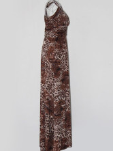 Velours élégant café de la Croix-Retour Leopard robe Maxi Imprimer Femmes