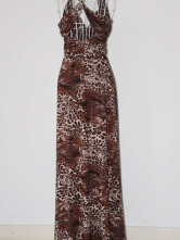 Velours élégant café de la Croix-Retour Leopard robe Maxi Imprimer Femmes