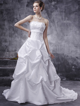 Ball Gown A-line Strapless Beaded Satin Train Wedding Dress