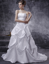 Ball Gown A-line Strapless Beaded Satin Train Wedding Dress