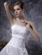 Ball Gown A-line Strapless Beaded Satin Train Wedding Dress