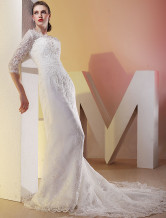 Perfect White Satin Three Quarter Sleeves Floor Length Luxury Wedding Dress
