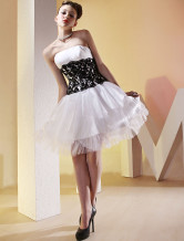 Robe de cocktail en blanc et noir sans bretelles et de multi-couche en tulle  
