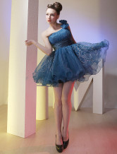 Modern Dark Blue One Shoulder Tulle Short Cocktail Dress