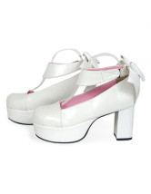 Gorgeous White 3 1/5'' High Heel Bow Decoration Round Toe PU Lolita Shoes