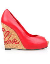 Red Cowhide Rivet Hallow Out 4 1/3'' Wedged Heel Womens Fashion Shoes