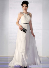 Elegant White Chiffon Silk Satin Halter Beaded Evening Dress